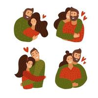 amo o conjunto de abraços de personagens de casal. feliz aniversário de relacionamento amante. bandeira de namoro dos namorados. conexão romântica de mulher e homem. ilustração em vetor plana dos desenhos animados.