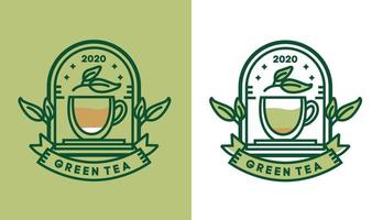 design de logotipo de chá verde, bule vintage tradicional minimalista para logotipos de café adequados para empresas de alimentos e bebidas vetor