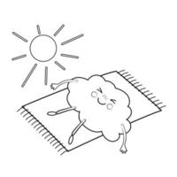 linda nuvem de desenho de contorno preto e branco desenhada deitada e tomando sol, relaxada. ilustração vetorial dos desenhos animados. kawaii, ilustração vetorial isolada infantil, adesivo. ilustração de nuvem. vetor