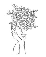 rosto de mulher bonita com ilustração a preto e branco de flores sobre fundo branco vetor