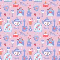 padrão perfeito de dia dos namorados com bule, xícaras, flores e corações, bolo e copos, conjunto romântico de elementos românticos em um fundo rosa, ilustração vetorial plana vetor