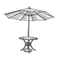 para uma mesa de centro ao ar livre com um guarda-chuva. barraca de guarda-sol aberta com mesa redonda. ilustração em vetor esboço desenhado à mão. elemento isolado preto e branco de móveis de café de rua.