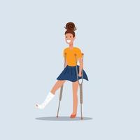 menina morena sorridente de muletas com a perna quebrada. uma jovem alegre que está se recuperando. ilustração em vetor plana editável.