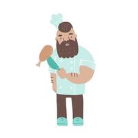 chef segurando uma faca e uma perna de frango. personagem de cozinheiro masculino legal com barba. ilustração vetorial plana isolada em branco. vetor