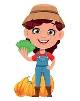 personagem de desenho animado de mulher agricultora segurando dinheiro