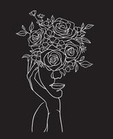 rosto de mulher bonita com ilustração a preto e branco de flores em fundo preto vetor