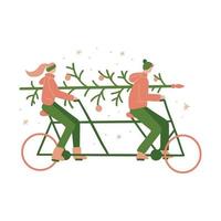 clima de natal do casal de família engraçado. mulher anda de bicicleta em tandem com a árvore de natal do transporte do homem. conceito de boas festas. ilustração vetorial de mão plana desenhada. apenas 5 cores, fácil de recolorir. vetor