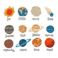 grande conjunto de ícones de planetas do sistema solar, sol e lua em fundo branco. mercúrio, venus, terra, marte, júpiter, saturno, urano, netuno, plutão, estrelas e sol plana mão desenhada ilustração vetorial. vetor