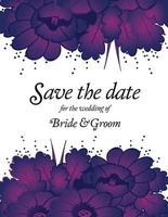 cartão de convite de casamento com flores roxas. vetor