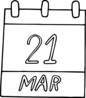 calendário desenhado à mão em estilo doodle. 22 de março dia mundial da poesia, marionetas internacionais, eliminação, racial, discriminação, down, síndrome, florestas, data. elemento de adesivo de ícone para design vetor