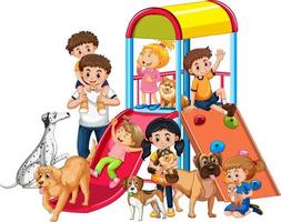 crianças brincando com seus cães no playground vetor