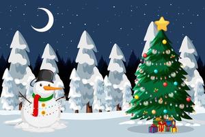 boneco de neve de natal e árvore decorada na neve na cena noturna vetor