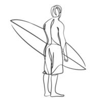 desenho de linha contínua de um surfista com uma prancha de surf vetor
