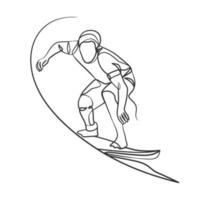 desenho de linha contínua de um surfista com uma prancha de surf vetor