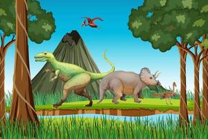 dinossauro na cena da floresta pré-histórica vetor