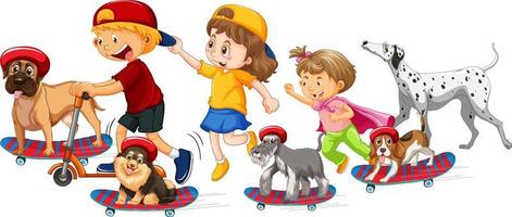 crianças com seus cachorros em skates vetor