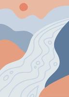 cartaz de paisagem pastel abstrata. modelos de impressão de arte contemporânea. fundo da natureza para suas mídias sociais. sol, montanhas, rio. ilustração em vetor plana simples.