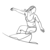 desenho de linha contínua de uma surfista com uma prancha de surf vetor