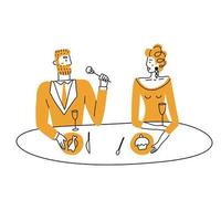 casal romântico jantando no restaurante no dia dos namorados. conceito de namoro de casal. ilustração em vetor cor doodle. homem elegante e mulher almoçando.