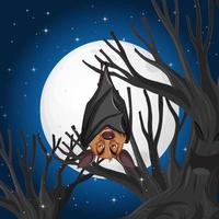 um morcego pendurado na árvore na cena noturna vetor