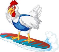 frango branco no personagem de desenho animado de prancha de surf vetor