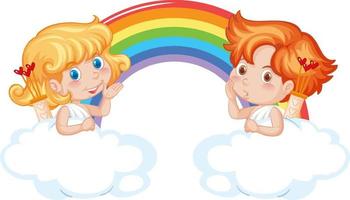anjo menino e menina com arco-íris em estilo cartoon vetor