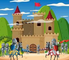 cena de castelo medieval com dois exércitos em estilo cartoon vetor