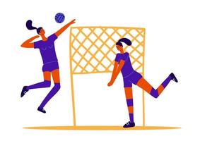 jogadores de vôlei abstratos, duas meninas jogando vôlei, jogos de esportes femininos. conceito de jogo de bola. 2 mulheres jogam vôlei com bola e rede. gráficos vetoriais planos na moda vetor