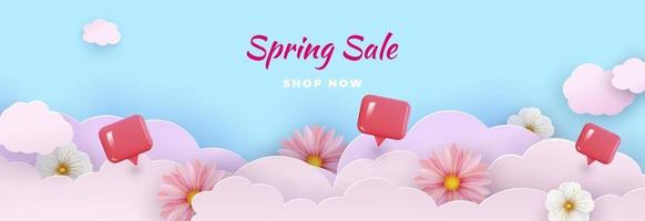 banner de venda de primavera com flores de papel sobre fundo azul. flores da primavera em nuvens cor de rosa. ilustração vetorial. vetor