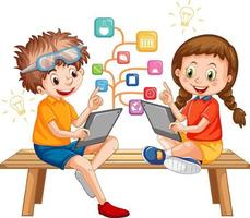 crianças usando tablet com ícones de educação vetor