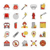 Conjunto de ícones de cores de combate a incêndios. equipamentos do corpo de bombeiros. ilustrações vetoriais isoladas vetor