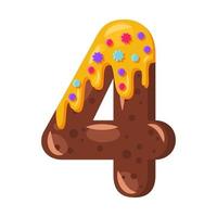 ilustração em vetor número quatro dos desenhos animados donut. estilo de fonte de biscoito. símbolo em negrito vitrificado com glacê. tipografia de design plano tentadora. biscoitos, waffle, placa matemática de chocolate. pastelaria, clipart isolado de padaria