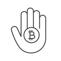 mão segurando o ícone linear de bitcoin. criptomoeda. ilustração de linha fina. símbolo de contorno. desenho de contorno isolado de vetor