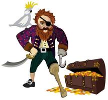 velho pirata com seu papagaio e baú com moedas de ouro. vetor