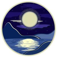 vector paisagem noturna com lua, montanhas e lago em um círculo.