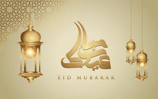 eid mubarak design islâmico lua crescente, lanterna tradicional e caligrafia árabe, modelo vetor de cartão ornamentado islâmico para evento de publicação