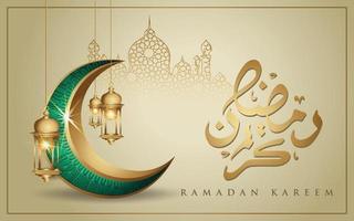 ramadan kareem com lua crescente luxuosa dourada, vetor de cartão ornamentado islâmico de modelo