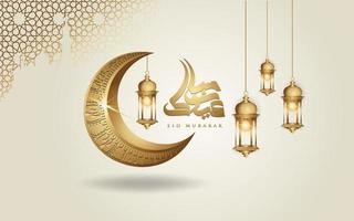 eid mubarak design islâmico lua crescente, lanterna tradicional e caligrafia árabe, modelo vetor de cartão ornamentado islâmico para evento de publicação