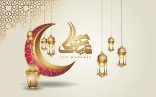 eid mubarak design islâmico lua crescente, lanterna tradicional e caligrafia árabe, modelo vetor de cartão ornamentado islâmico para evento de publicação