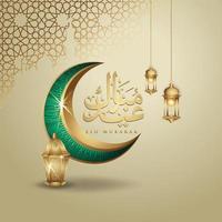 eid mubarak design islâmico lua crescente, lanterna tradicional e caligrafia árabe, modelo vetor de cartão ornamentado islâmico para evento de publicação