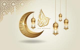 eid mubarak design islâmico lua crescente, lanterna tradicional e caligrafia árabe, modelo vetor de cartão ornamentado islâmico para evento de publicação