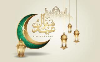 eid mubarak design islâmico lua crescente, lanterna tradicional e caligrafia árabe, modelo vetor de cartão ornamentado islâmico para evento de publicação