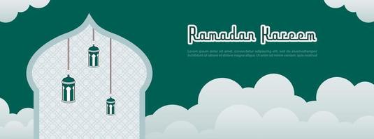 bandeira de vetor horizontal ramadan kareem. religião muçulmana mês sagrado plano banner cópia espaço ilustração vetorial. banner com decoração de lâmpadas.