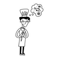 pequeno cozinheiro cozinhando peixe, personagem de fogão de criança fofa usando chapéu branco e avental sonhando com peixes deliciosos. doodle ilustração em vetor estilo dos desenhos animados em preto e branco.