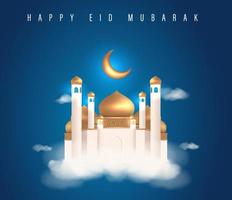 cartaz feliz eid mubarak com ilustração vetorial de mesquita de cúpula dourada realista 3d vetor