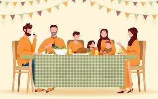 festa suhoor e iftar com a família durante o mês do ramadã ilustração vetorial, feliz jejum para os muçulmanos, comer junto com a família muçulmana, ramadhan kareem e eid mubarak vetor