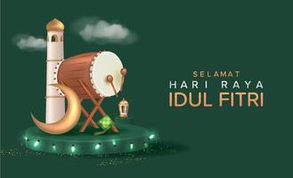 design 3d eid mubarak com ilustração vetorial realista de tambor e lanterna vetor