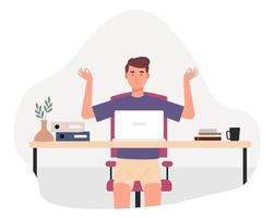 trabalhando em casa design plano, homem trabalhando com seu laptop, um homem freelancer trabalha atrás de um laptop. local de trabalho em home office, freelancers trabalham em condições confortáveis vetor