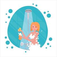 mulher loira lavando-se com esponja no chuveiro. personagem feminina no banheiro fazendo sua série de procedimentos de higiene de rotina com pato de borracha. ilustração em vetor plana dos desenhos animados.