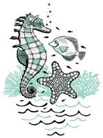 ilustração vetorial isolada de cavalo-marinho, estrela do mar, peixes, corais e ondas. vetor